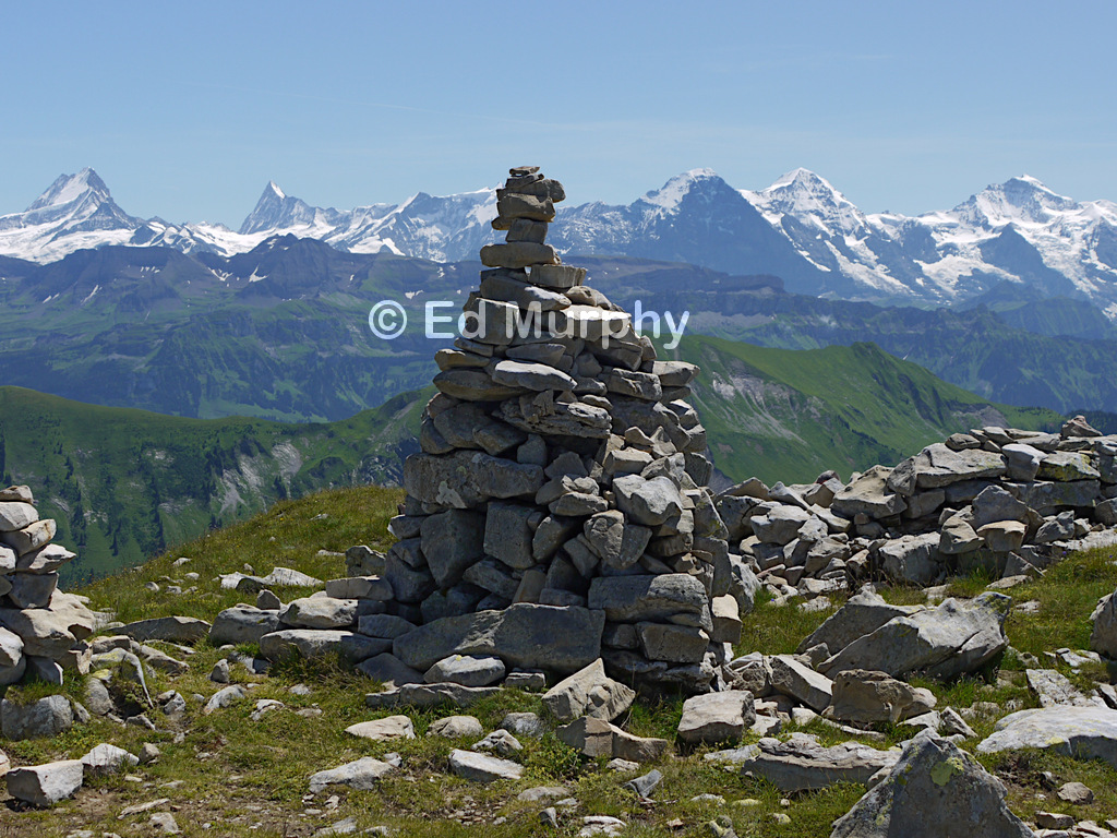 The Furggeng&uuml;tsch summit cairn and the Bernese Oberland peaks