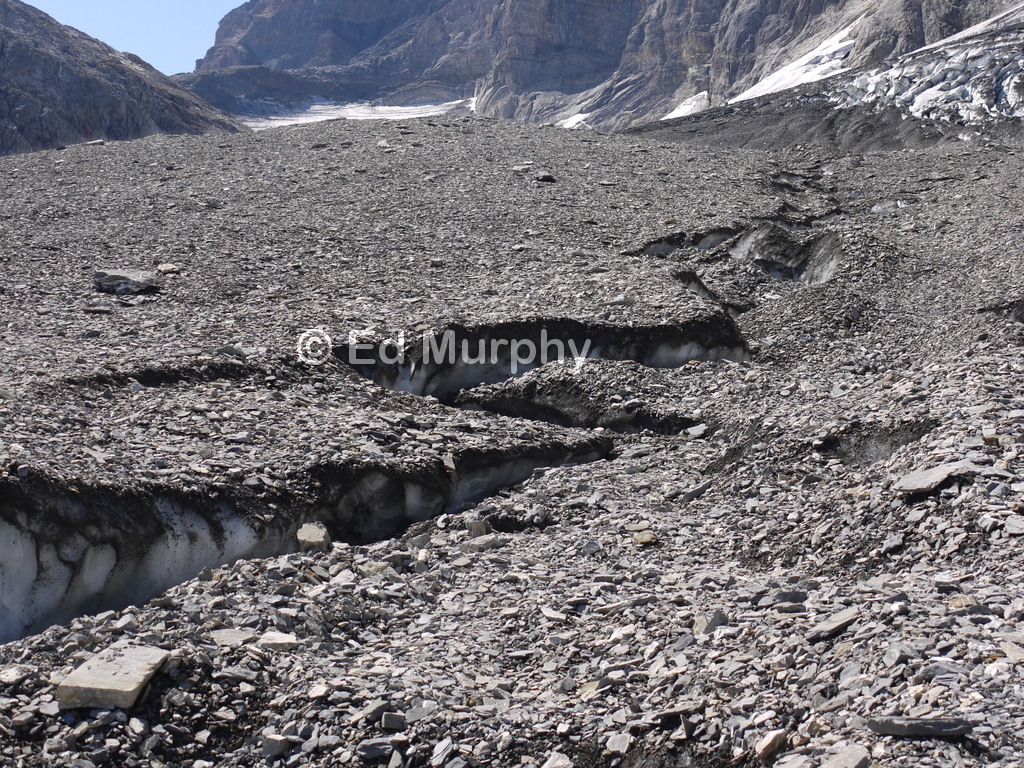 The rubble-covered lower stretches of the L&ouml;tschen Glacier