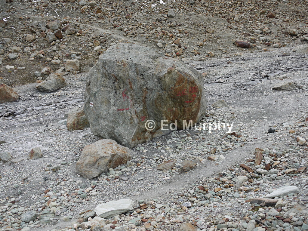 Boulder marker at the turnoff to the Aiguilles Rouges Hut