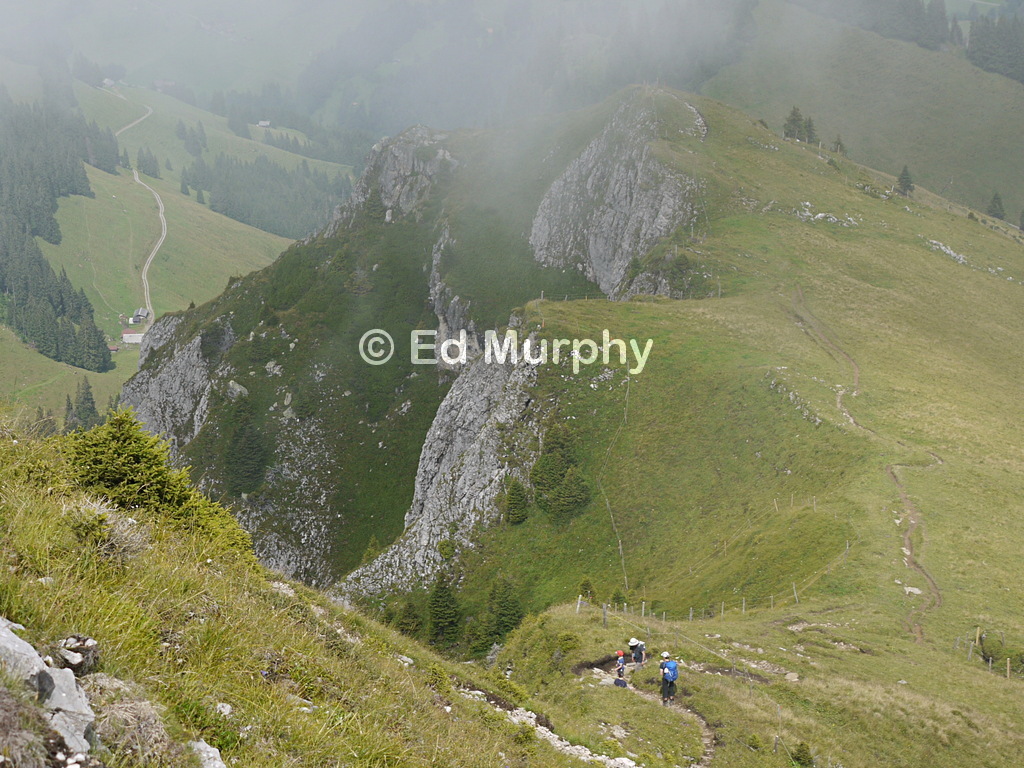 Looking down the slopes of the Gehrihorn in cloudy conditions
